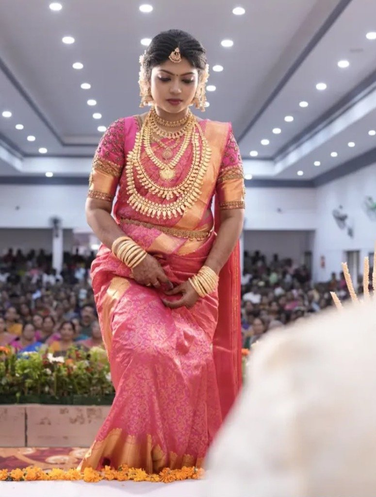 Mandapam Pink Silk Kanchipuram Bride — Bridal work by Varnam Makeover Studio